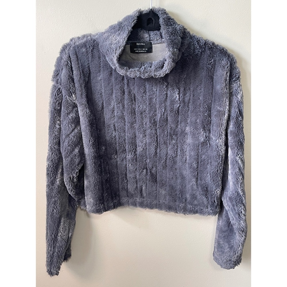 Bershka Womens Grey Ribbed Faux Fur Cropped Mock Neck Sweater Small